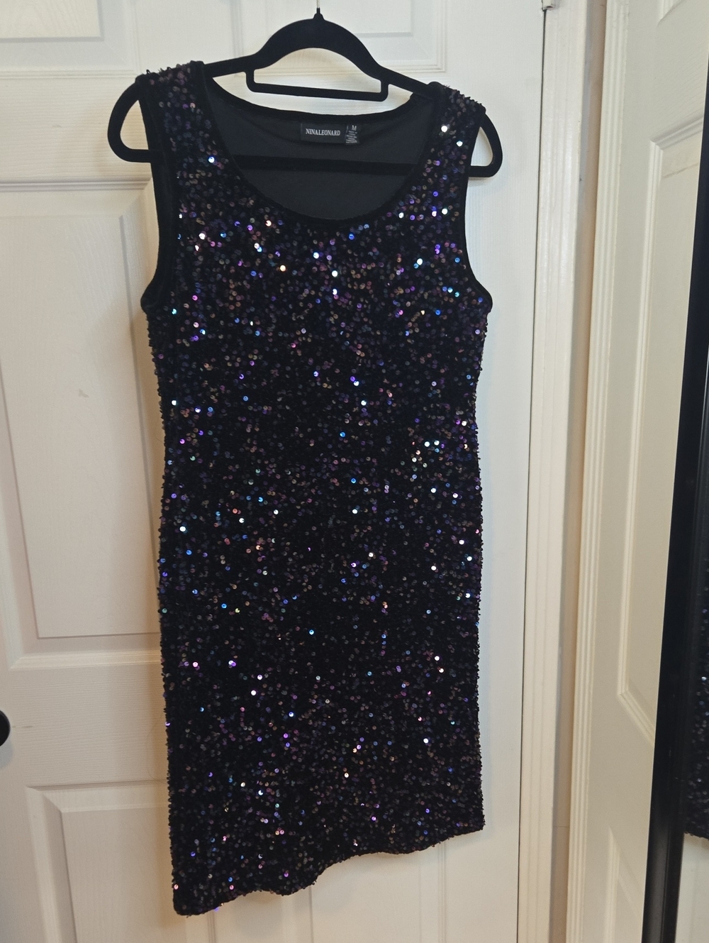Nina Leonard Black Sequin Midi Dress with Iridescent Purple and Blue Shimmer